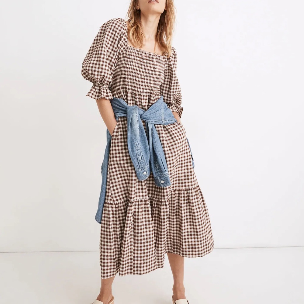 Madewell Lucie Elbow-Sleeve Smocked Midi Dress in Gingham